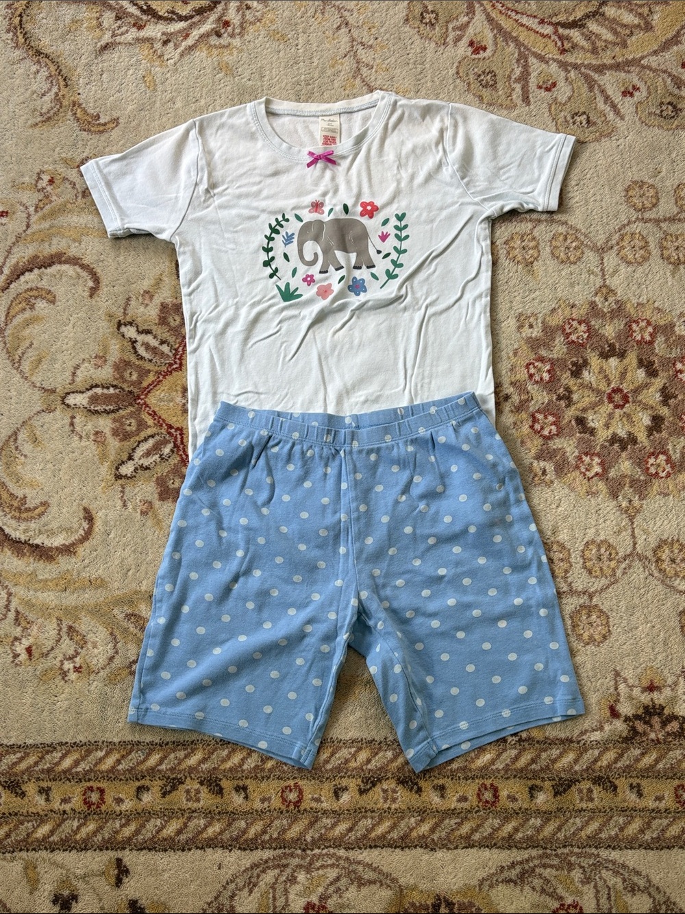 Mini Boden White Elephant Graphic Tee with Light Blue Polka Dot Shorts PJ Set